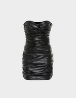 Load image into Gallery viewer, STRAPLESS RUCHED FAUX LEATHER MINI DRESS
