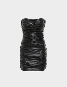 STRAPLESS RUCHED FAUX LEATHER MINI DRESS